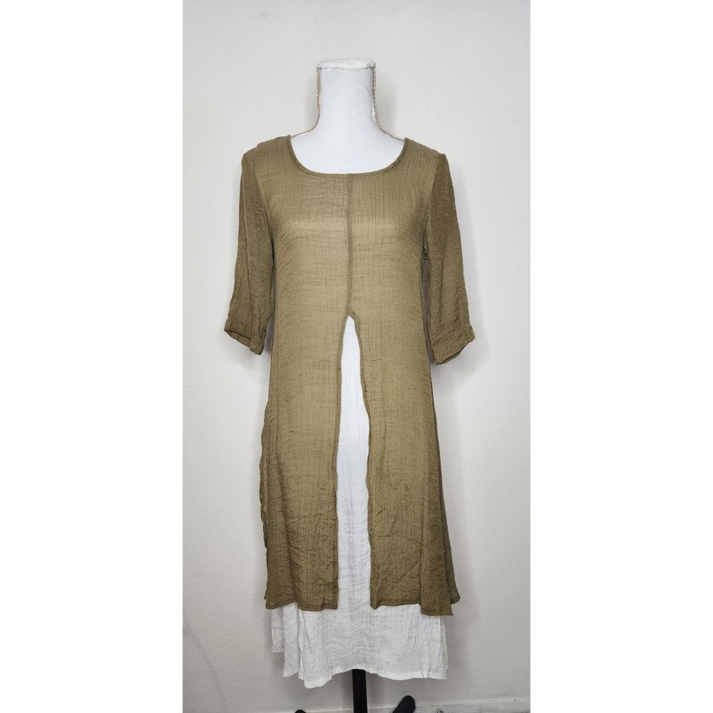 Gracila Womens Medium Green Ivory Layered Dress Boho